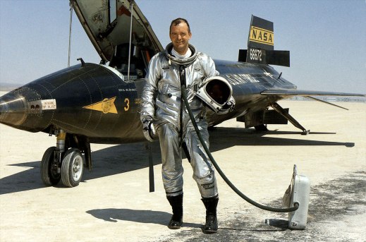 NASA research pilot William "Bill" Dana is seen standing next to the X-15 rocket-powered aircraft after a flight in 1967. (NASA)
