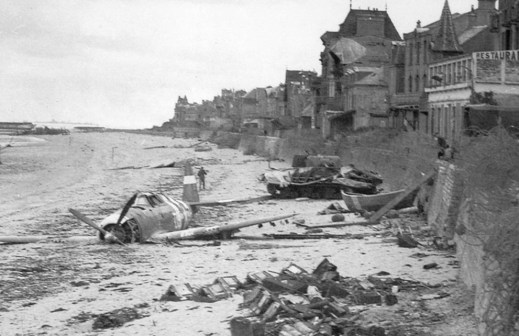 P-47 with invasion stripes knocked out Sherman M4 Saint-Aubin-sur-Mer, France, 1944