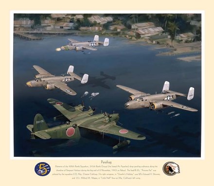 painting of 345th Bomb Group B-25s attacking a Japanese flying boat on November 2, 1943
