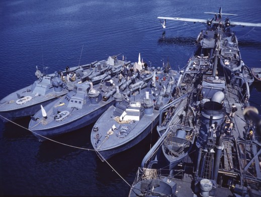 3 US Navy PT-boats Aleutians in June 1943 eaplane tender GILLIS AVD12 PBY Catalina Higgins boats Mk 19 torpedo tubes.
