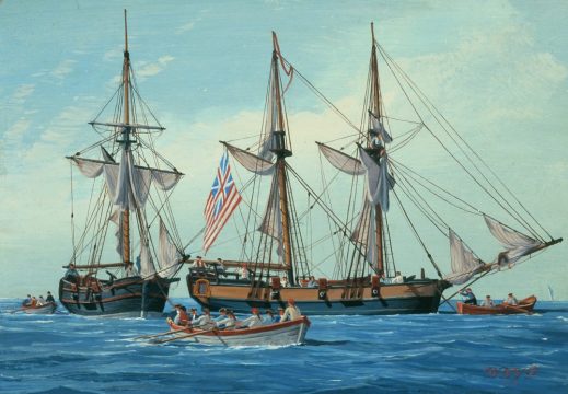 Continental Navy sloop-of-war Fly (8 guns) along with Continental Navy sloop-of-war Mosquito (4 guns). Both ships were mentioned as being on station in Delaware Bay with Fly watching six British ships in a letter dated 30 December 1776. This image from a 1974 painting by William Nowland Van Powell currently in the U.S. Navy Art Collection