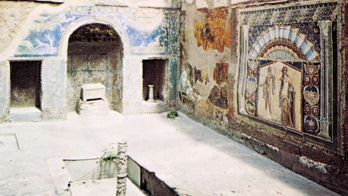 Interior court with mosaic of Neptune and Amphitrite, from the House of Neptune and Amphitrite (1st century ad), Herculaneum, Italy.