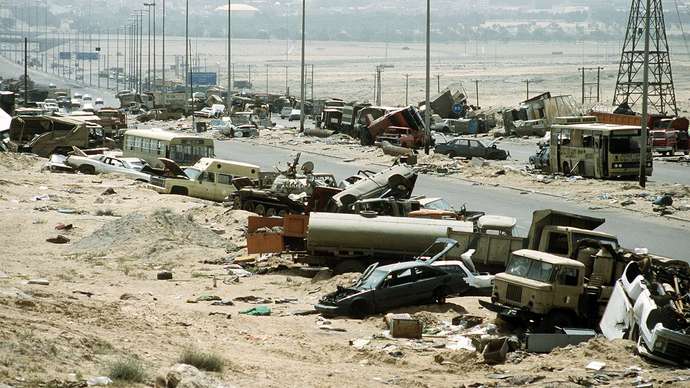 remains of an Iraqi convoy in Kuwait during the Persian Gulf War