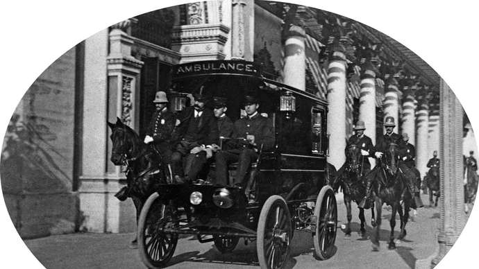William McKinley being transported to a hospital after an assassination attempt in Buffalo, N.Y., 1901.