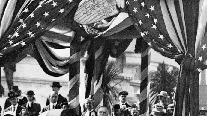 U.S. President William McKinley speaking at the Pan American Exposition held in Buffalo, New York, 1901.