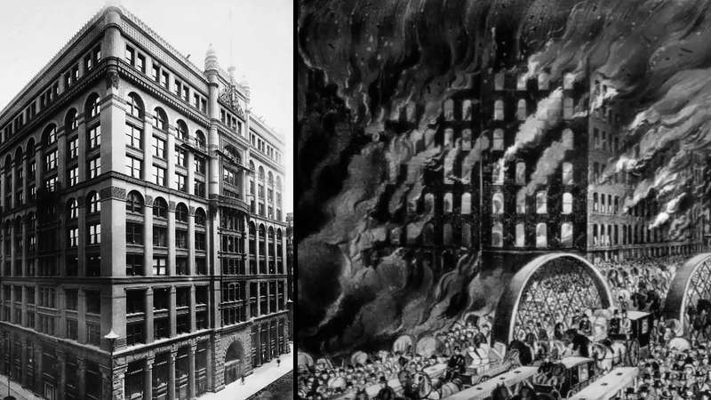 Learn about the Great Chicago Fire of 1871 and the construction of the Rookery building by Burnham and Root symbolizing the city's rise from the ashes