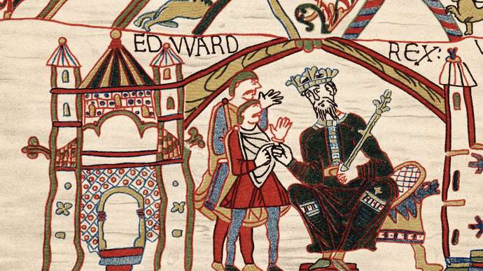 Edward the Confessor and Duke William of Normandy, from the Bayeux Tapestry, embroidery, 11th century, located at the Musée de la Tapisserie de Bayeux, Bayeux, France.