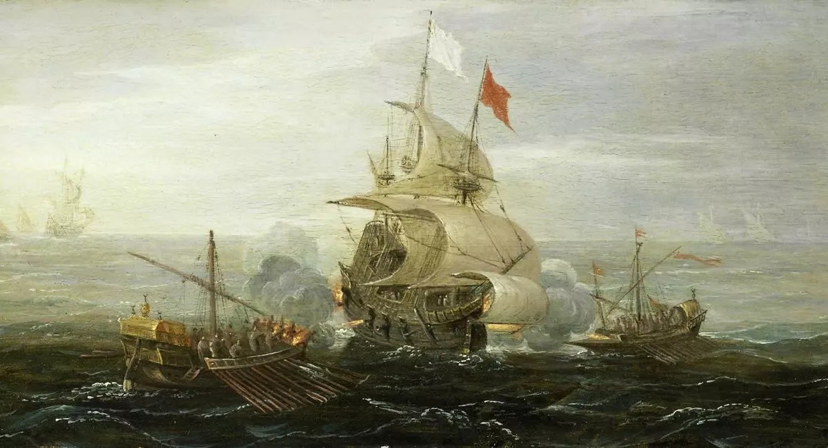 A painting of a french ship fighting Barbary pirates