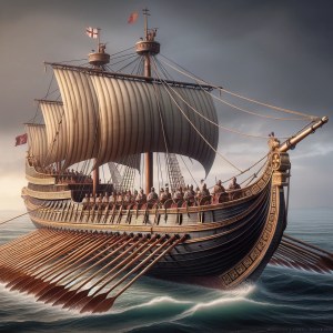 DALL·E 2024-03-09 20.41.59 - An accurate depiction of a Roman naval ship from the Republican period, focusing on historical authenticity. The ship is a quinquereme, characteristic