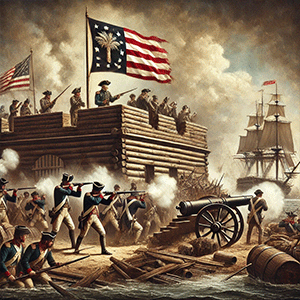 **Alt Text:**

"An intense depiction of the Battle of Sullivan's Island during the American Revolutionary War. The scene features American soldiers in Revolutionary War uniforms defending Fort Sullivan, constructed from palmetto logs, against a British naval assault. Cannons are firing, and smoke fills the air as British ships are seen in the background. The palmetto flag, with its distinct tree and crescent moon, flies prominently above the fort. The chaotic battle scene contrasts with the resolute and determined expressions of the American defenders."