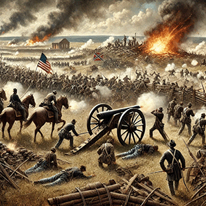 A detailed depiction of the third day of the Battle of Gettysburg. The image shows Confederate soldiers advancing across open fields under heavy artillery and rifle fire. Smoke, explosions, and fallen soldiers fill the battlefield. Union soldiers are fortified behind stone walls and cannons, holding their position and firing back at the advancing Confederates. The scene is chaotic and intense, capturing the critical moments of Pickett's Charge and the Union defenses. Create on 7/1/2024 by Dave Bowman using chatGPT