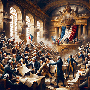 A historic scene depicting the French abolishment of the feudal system on August 4, 1789. The image shows members of the National Assembly in an ornate hall, passionately debating and passing decrees. The background features traditional French architectural elements, with chandeliers and large windows. Some members are seen tearing up feudal documents, symbolizing the end of feudalism. The atmosphere is charged with revolutionary fervor, and the French tricolor flag is prominently displayed. The individuals wear late 18th-century attire, with a mix of noble and commoner clothing, highlighting the social transformation taking place. Created by DrB 08/02/24 via DALL-E 3 and Chaptgpt